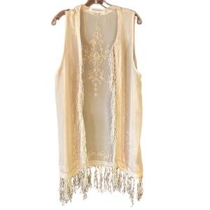 Vintage Cream Embroidered with Fringe Kimono Coverup. Size S Great Condition!